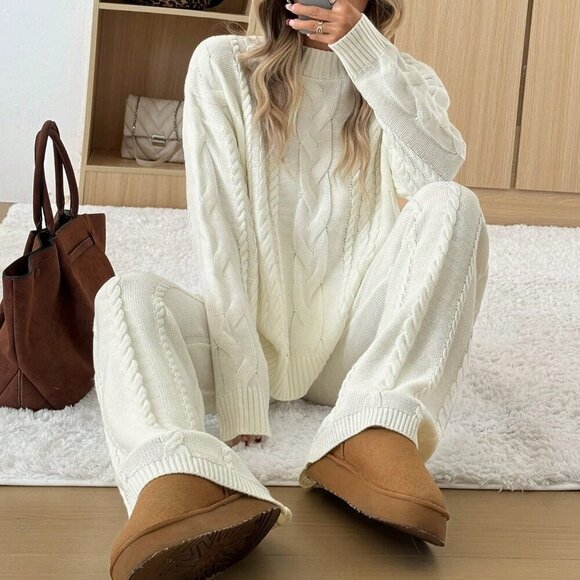 Sweaters - White Casual Women's Round Neck Long Sleeve Top And Pants Suit